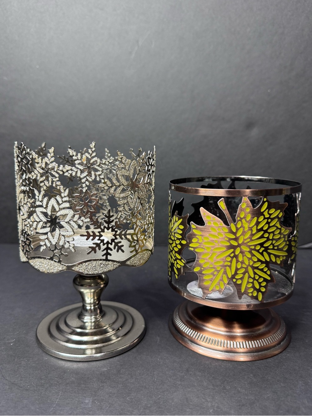 Bath & Body Works 3-Wick Candle Holders Set of 2 Silver Snowflake Bronze Leaf